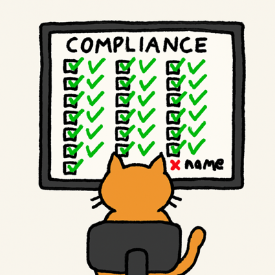 Complycat, an orange cat in a compliance officer badge, facing a checklist board